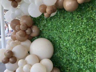 Green wall backdrop with balloon garland