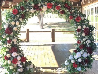 Greenery mix white , burgundy , red floral arbour, wedding arbour , backdrop.