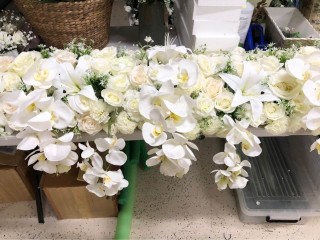 White floral garland , bridal table centrepiece . White Floral arbour . Aisle Flower runner .