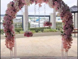 Artificial Pink + white floral arbour , wedding arbor , backdrop .